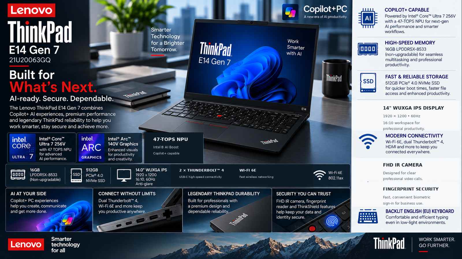 Lenovo ThinkPad E14 Gen 7 21U20063GQ Copilot+ AI Business Laptop, Intel Core Ultra 7 256V, 16GB LPDDR5X-8533, 512GB PCIe 4.0 SSD, Intel Arc 140V, 14-inch WUXGA IPS 60Hz, Wi-Fi 6E, Backlit English EU Keyboard, DOS, Black | 21U20063GQ
